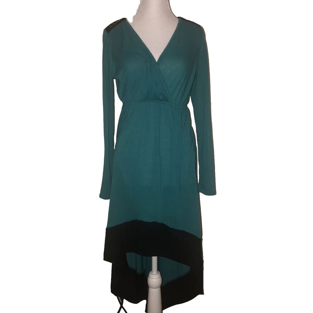Delirious Los Angeles Dress M‎ Green Hi Low Black Hem Knit Studded Shoulders